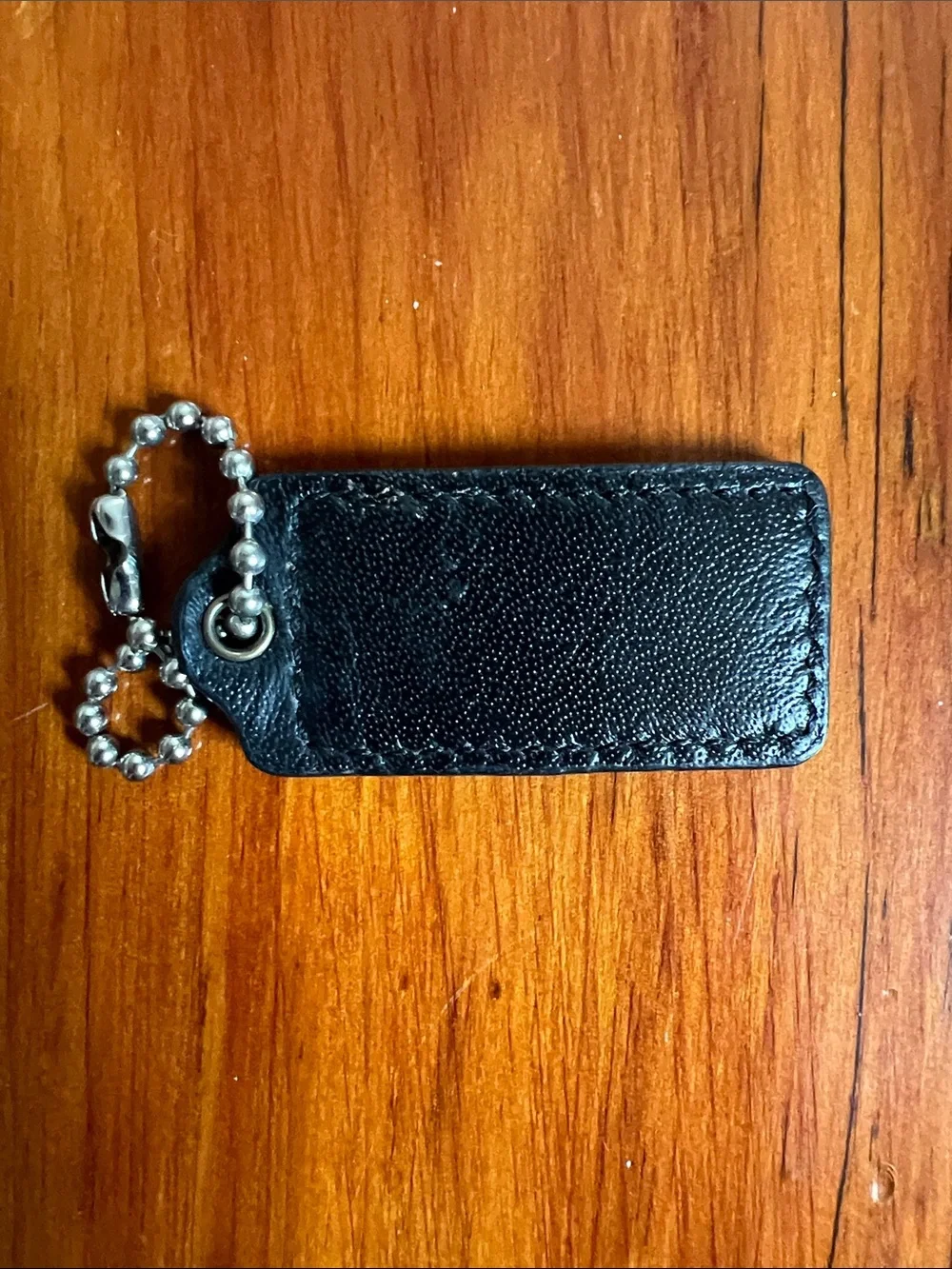 Coach Black Leather Embossed Logo Key Tag with Ball Chain